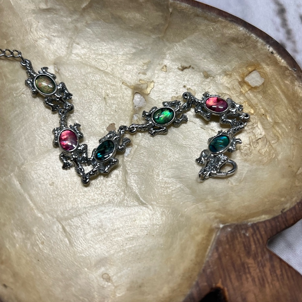 Cute frog Silvertone Bracelet with Multicolor abalone  inlay adjustable‎
